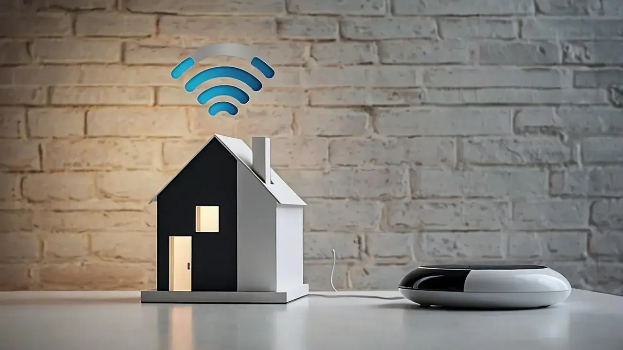 Model domu z zapalonymi oknami i drzwiami, nad którym unosi się symbol wi-fi. Obok stoi nowoczesny router.