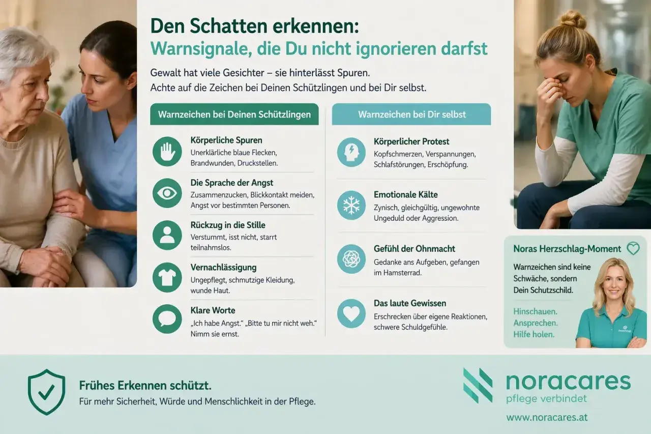 Warnsignale bei Gewalt in der Pflege: Körperliche Spuren, Angst, Rückzug, Vernachlässigung. Auch bei Pflegenden möglich: Kopfschmerzen, emotionale Kälte, Ohnmacht. Empathieverlust im Alter erkennen.