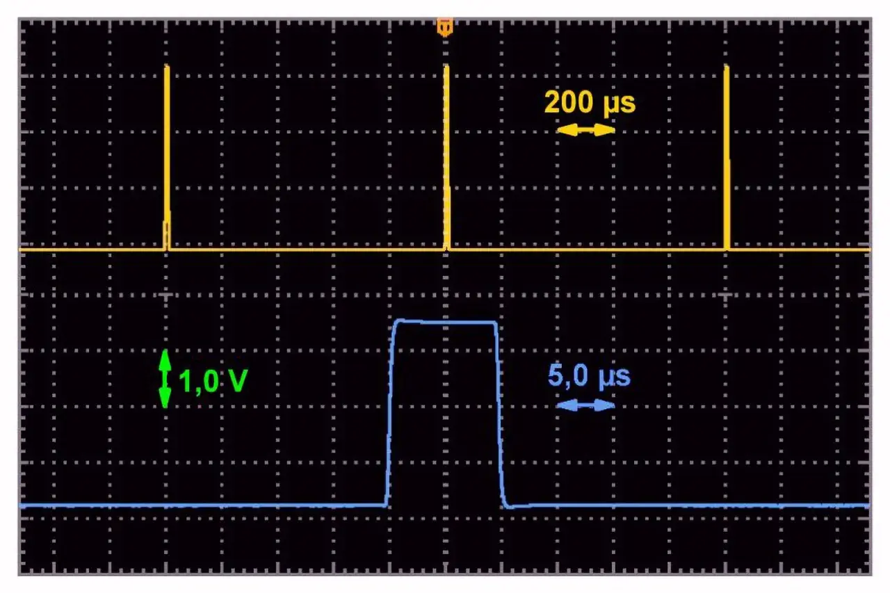 Dwa przebiegi: górny z wąskimi impulsami co 200 µs, dolny z jednym impulsem 5 µs o amplitudzie 1 V. Kwadratowe fale na ekranie oscyloskopu.