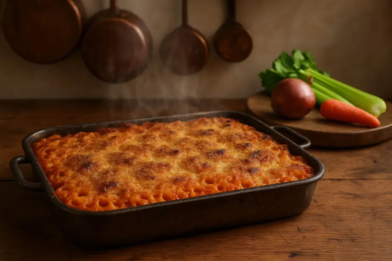 Un tegame di anelletti alla palermitana fumanti, con crosticina dorata, su un tavolo di legno. Sullo sfondo, utensili da cucina in rame e verdure fresche.