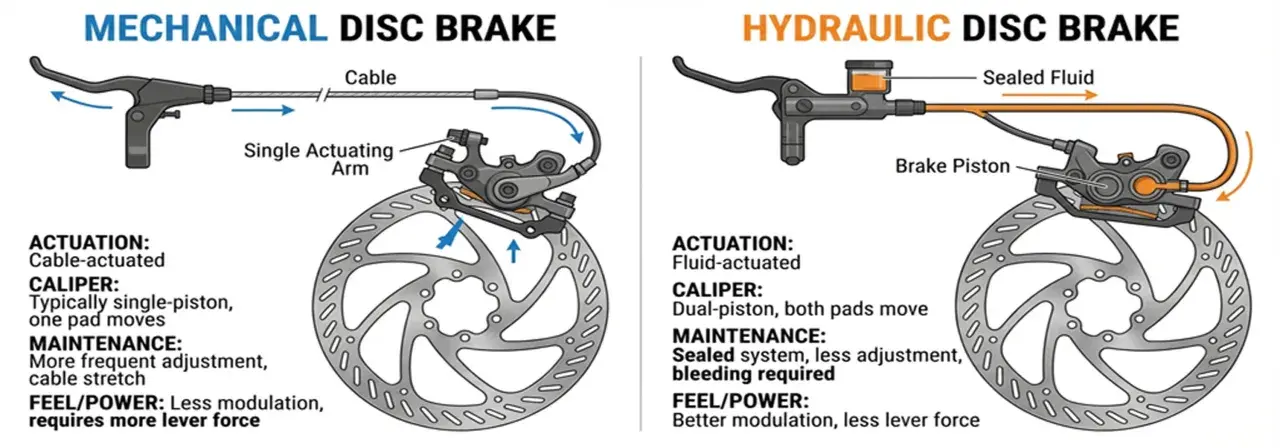 Diagrams compare mechanical and hydraulic disc brakes. Hydraulic fluid is not compressible, enabling better modulation and less lever force.