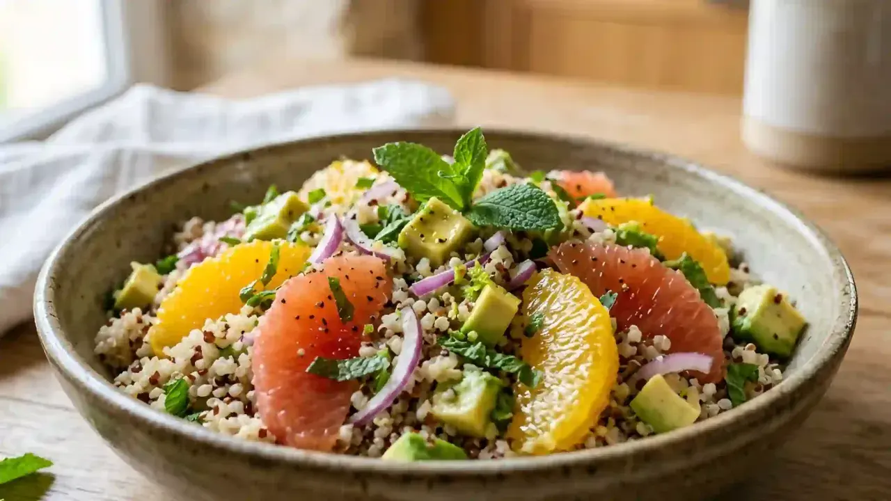 Salade quinoa colorée avec pamplemousse, orange, avocat et menthe fraîche. Un plat léger et savoureux.