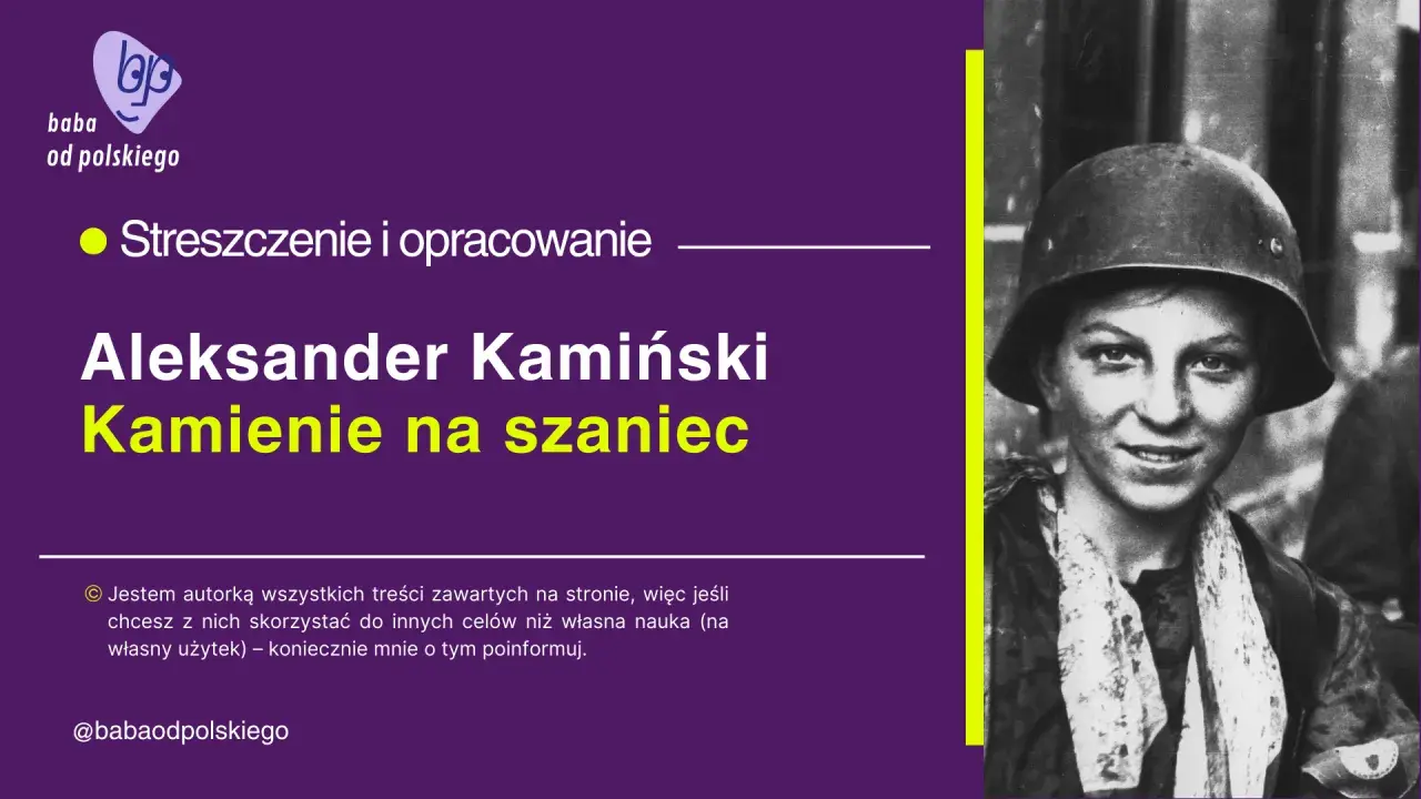 Czarno-białe zdjęcie młodej kobiety w hełmie wojskowym, z lewej strony grafika i tekst.