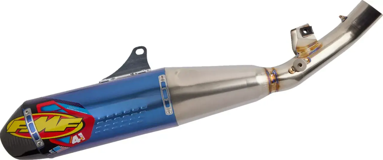 Niebieski tłumik FMF 4.1 z włóknem węglowym i logo FMF.
