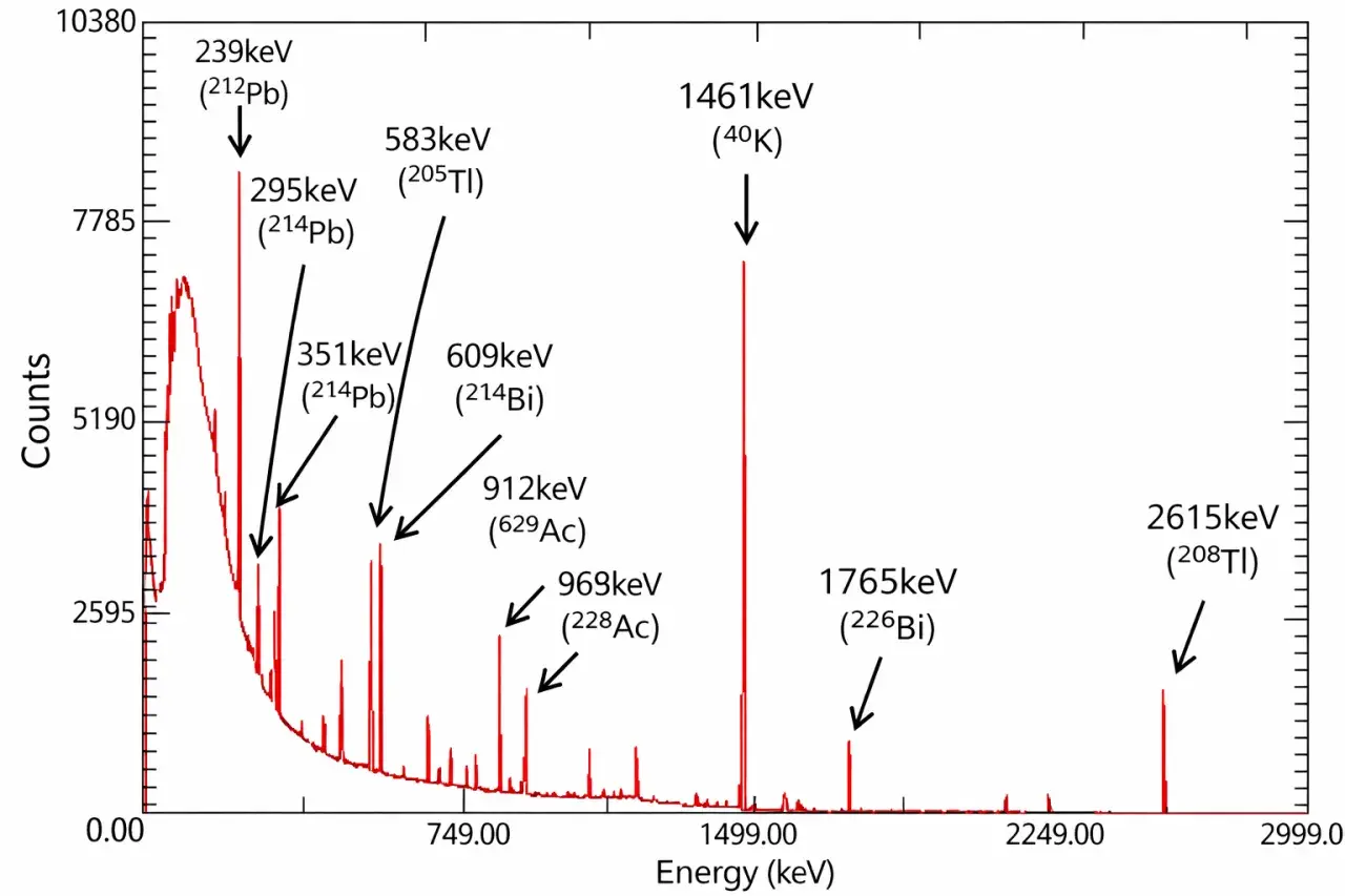 Widmo promieniowania gamma z zaznaczonymi pikami energii, np. 1461 keV (40K) i 2615 keV (208Tl).