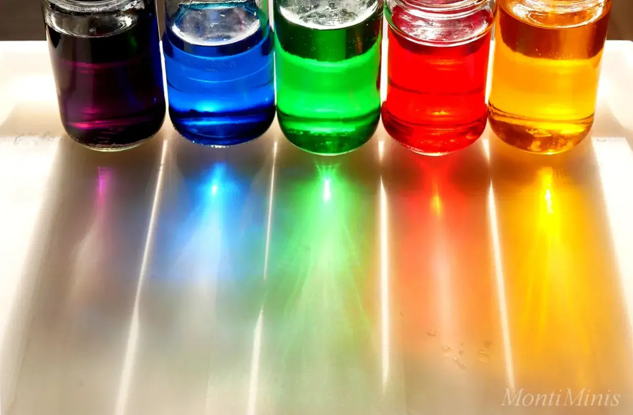 Fünf Gläser mit bunten Flüssigkeiten: lila, blau, grün, rot und gelb. Kinder lieben es, mit diesen Farben zu experimentieren und neue Farbtöne zu kreieren.