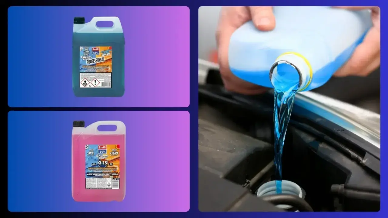 Se puede mezclar anticongelante con agua. Líquido azul se vierte en el motor de un coche. Hay dos bidones de anticongelante de diferentes colores.