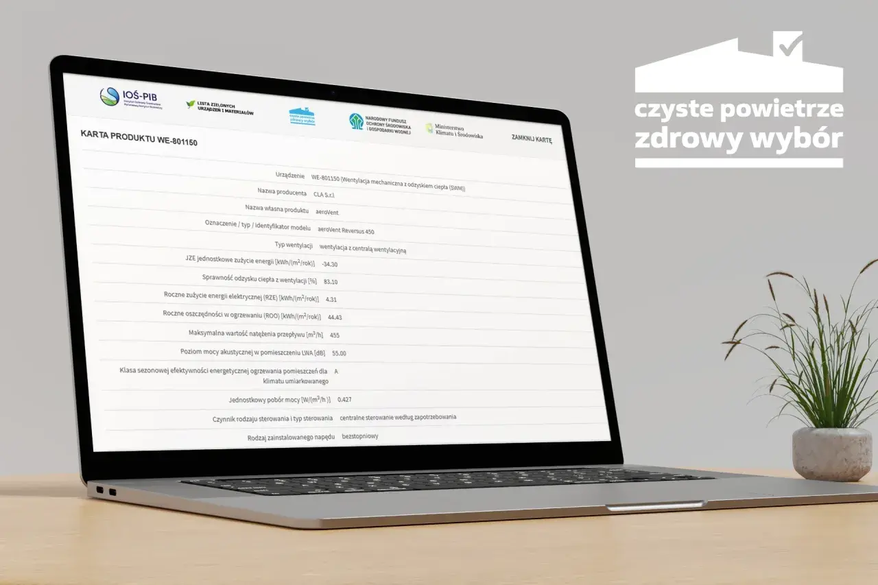 Karta produktu WE-801150 z danymi o wentylacji, wskazująca na możliwość uzyskania dotacji na ekologiczne rozwiązania.