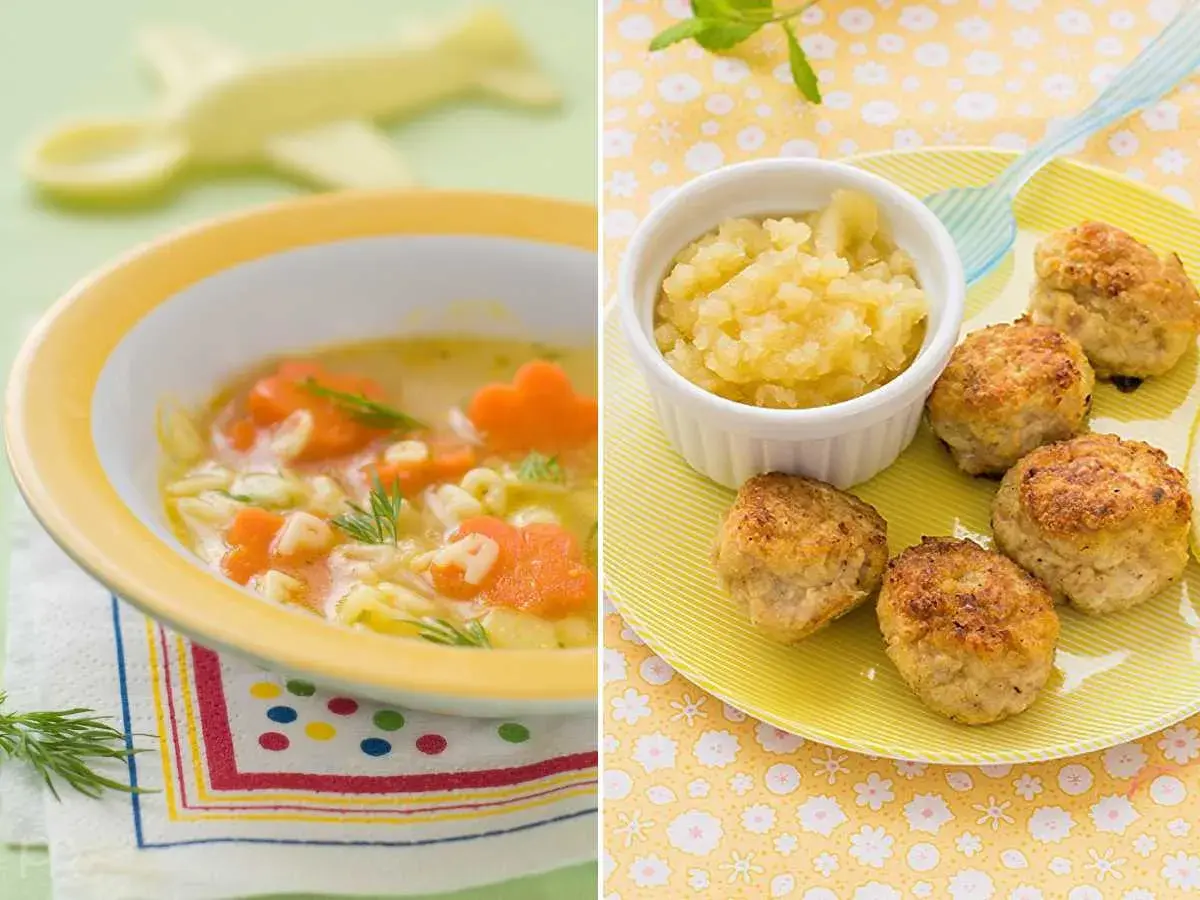 Delicioso desayuno para bebé de 1 año: sopa de letras y zanahoria, y albóndigas con puré de manzana.
