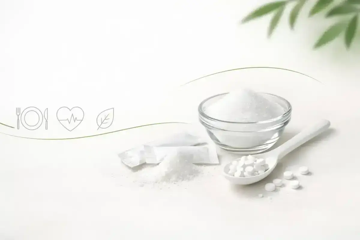 Maltitole co to jest? Biały proszek i tabletki na łyżce, symbolizujące zdrowe odżywianie i naturalne składniki.