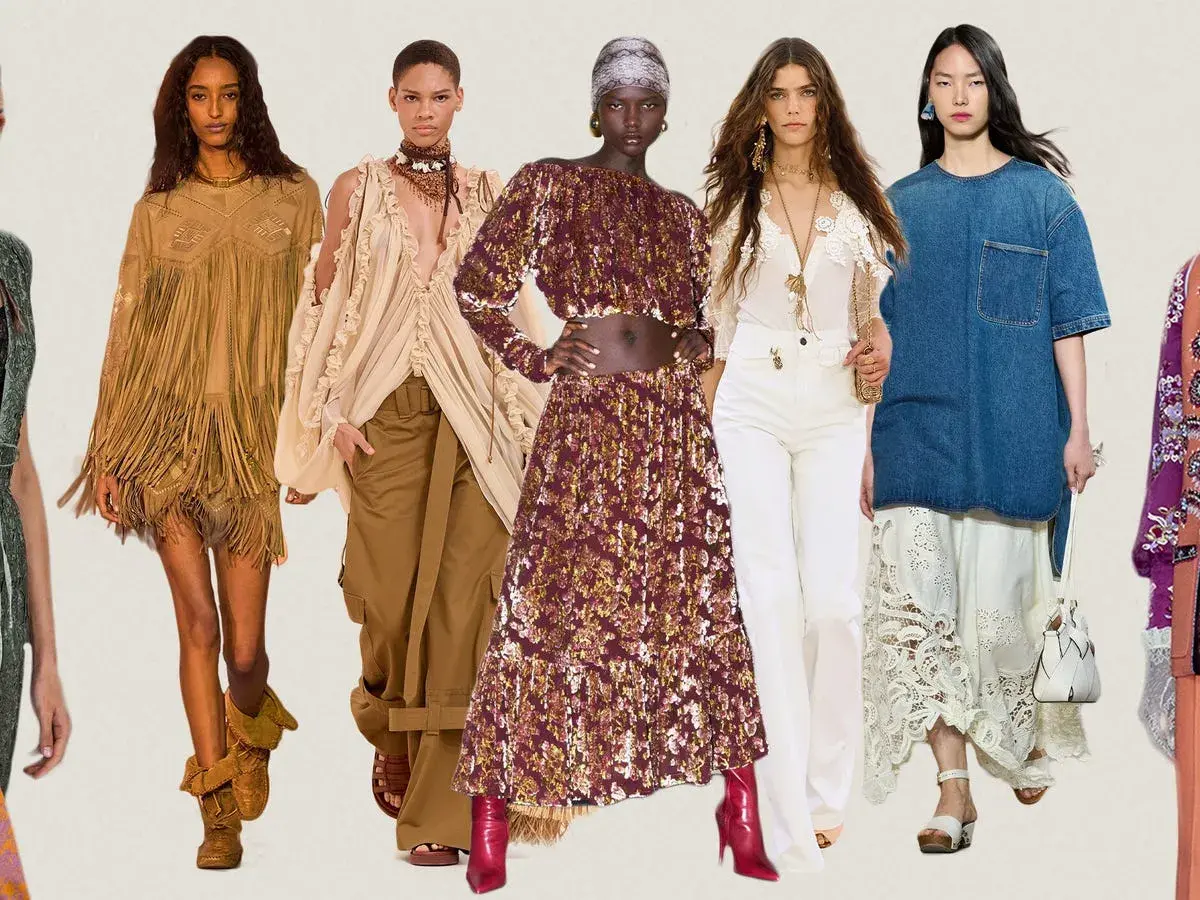 Desfile de lloyds mujer con looks bohemios y modernos: flecos, encaje, denim y estampados vibrantes.