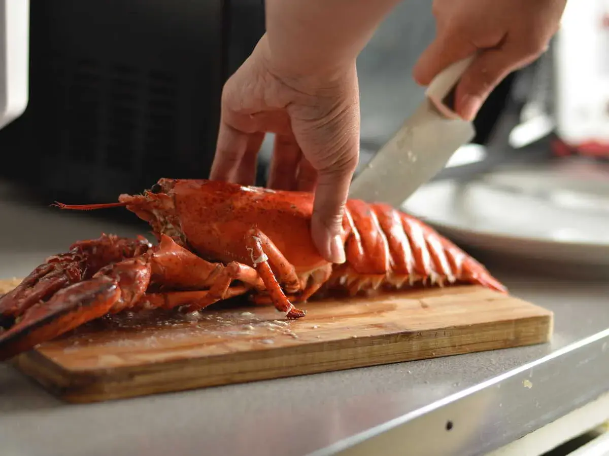 Préparation d'un homard pour un accompagnement homard froid. Une main tient le homard pendant qu'une autre le coupe sur une planche à découper.