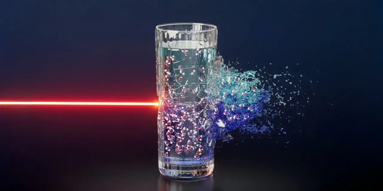 Ein Wasserglas, das von einem roten Laserstrahl getroffen wird und sich in Wassermoleküle auflöst. Die Chemie des Wassers wird sichtbar.