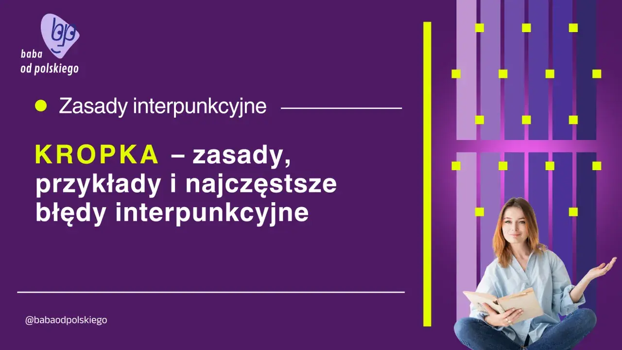 Kobieta z książką na tle fioletowo-fioletowego gradientu z żółtymi kwadratami i tekstem "KROPKA".