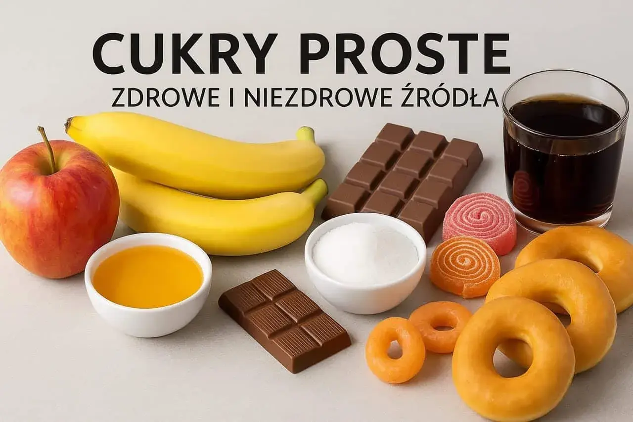 Jabłko, banany, miód, cukier, czekolada, pączki, żelki i napój. Różne źródła cukrów prostych – zdrowe i niezdrowe.