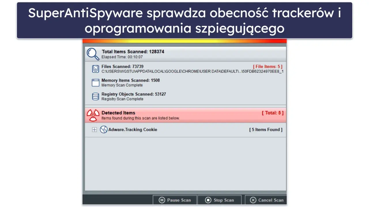 Wyniki skanowania programem SuperAntiSpyware: wykryto 5 elementów, w tym Adware.Tracking Cookie.