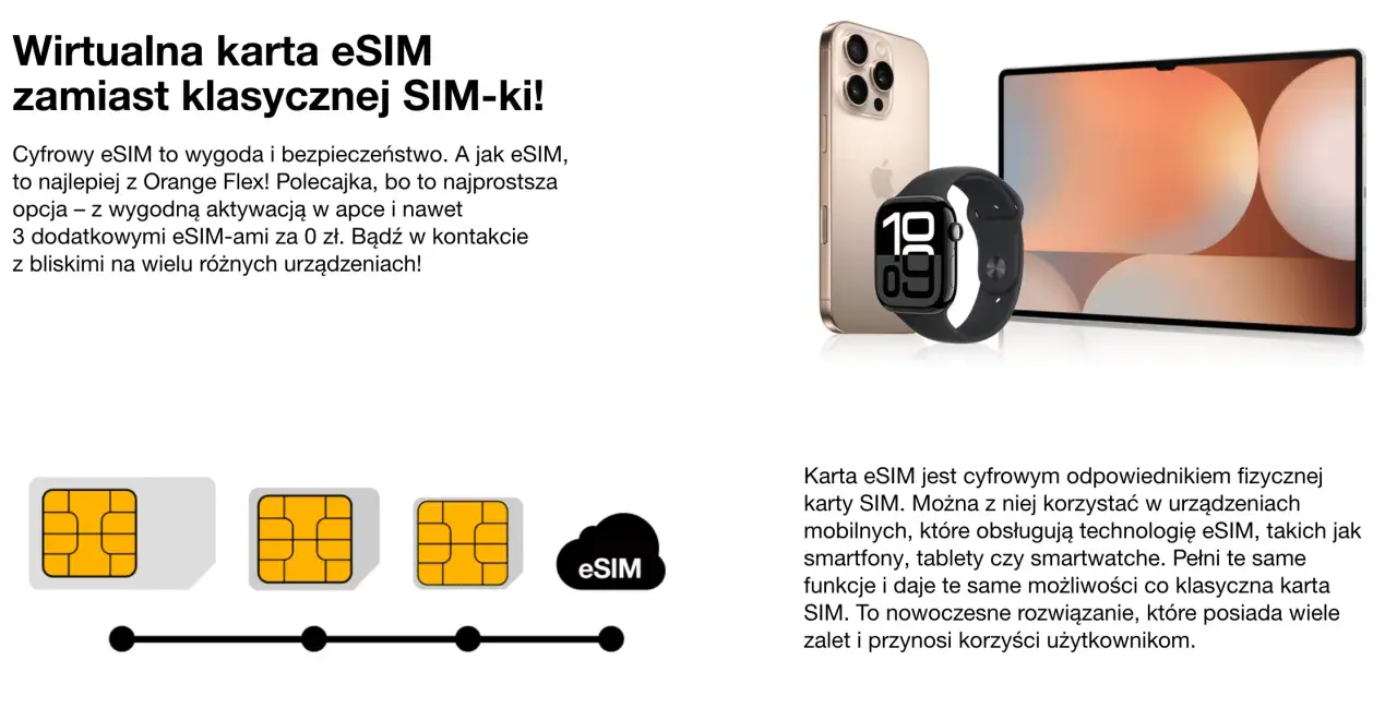 Cyfrowa karta eSIM od Orange Flex to wygoda i bezpieczeństwo. Używaj jej na smartfonie, zegarku i tablecie.