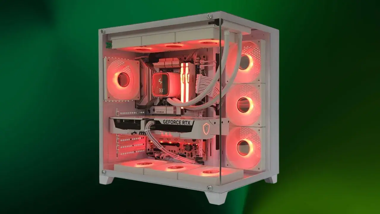 Ein weißer PC mit vielen roten Lüftern, der eine optimale pc airflow simulation ermöglicht.