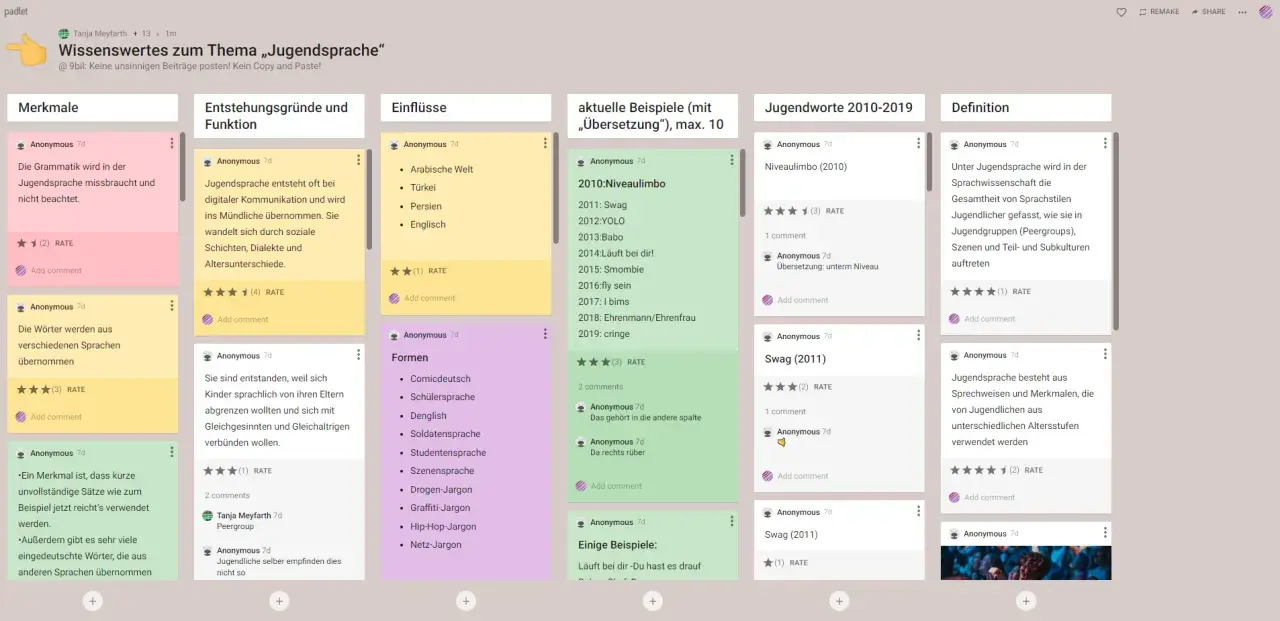 Padlet-Board mit Beiträgen zu Jugendsprache: Merkmale, Entstehung, Einflüsse, Formen, Beispiele und Definitionen.