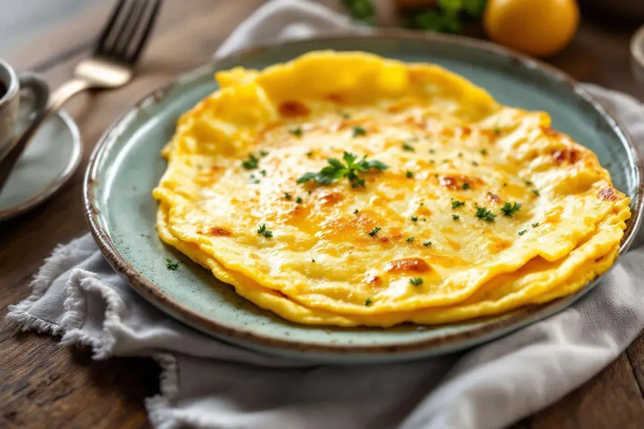 Une belle omelette dorée, garnie de persil frais, servie sur une assiette bleue.