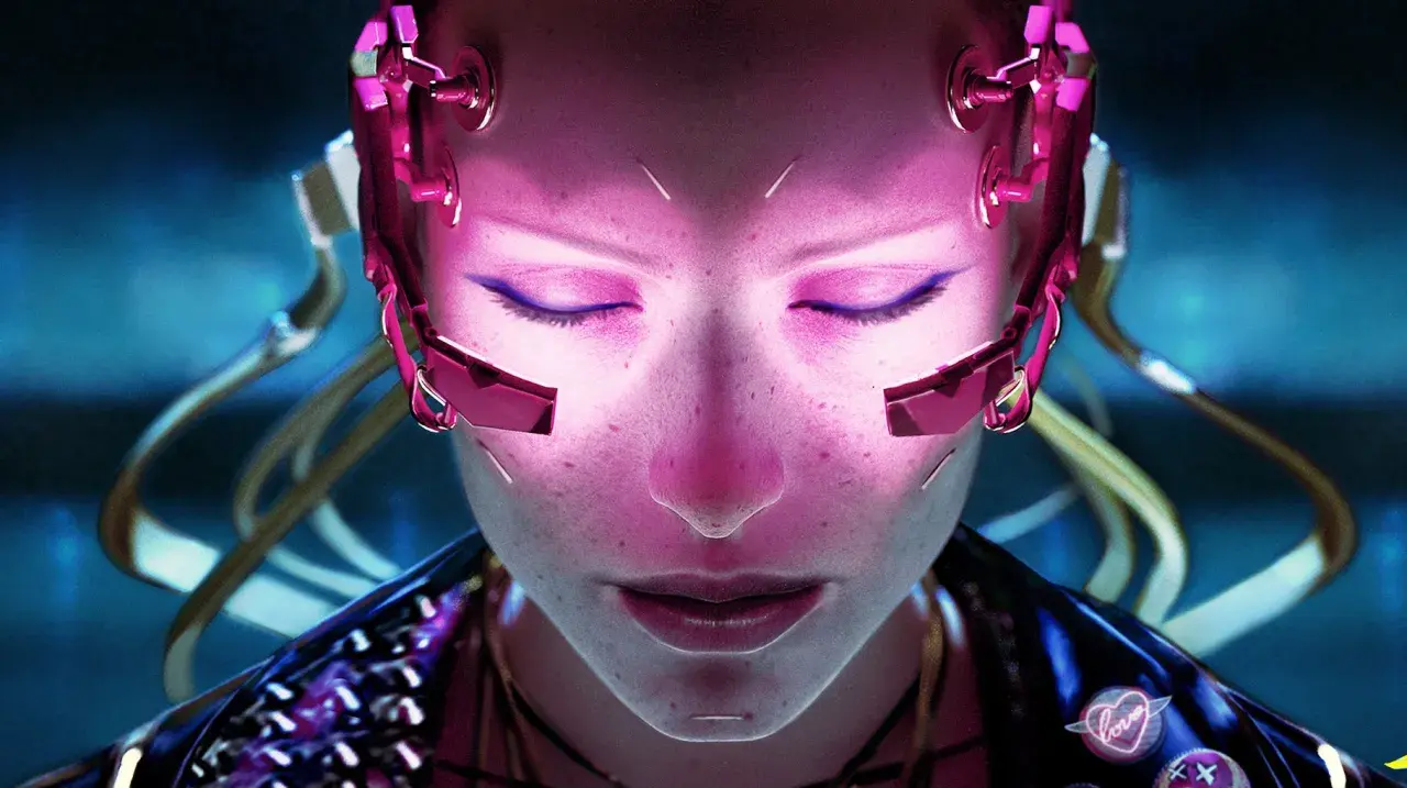 Kobieta z cybernetycznymi implantami na głowie, świecąca na różowo. Jej oczy są zamknięte, a na policzkach widać piegi. Wygląda jakby miała bilet wstępu do świata cyberpunk.