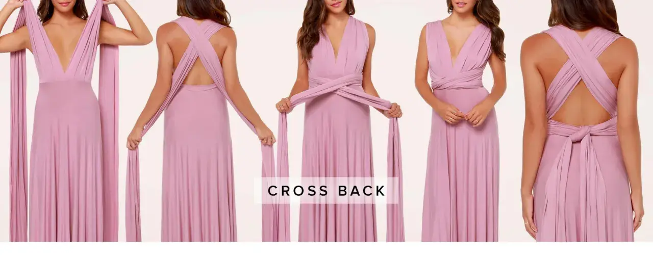 Instrukcja krok po kroku, jak wiązać sukienkę kopertową z efektem "cross back". Pięć ujęć pokazuje różne etapy tworzenia stylizacji.