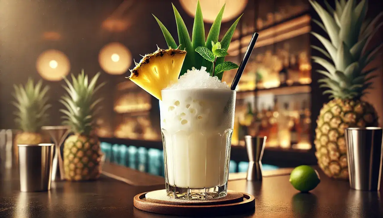 Orzeźwiający drink coco loco z ananasem i miętą, podany w szklance z lodem, na tle barze z ananasami.
