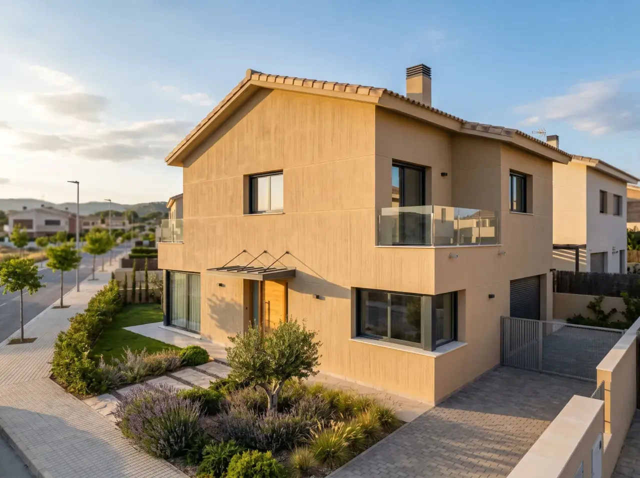 Fachadas de casas monocapa en tonos tierra, con jardín frontal y entrada de madera.
