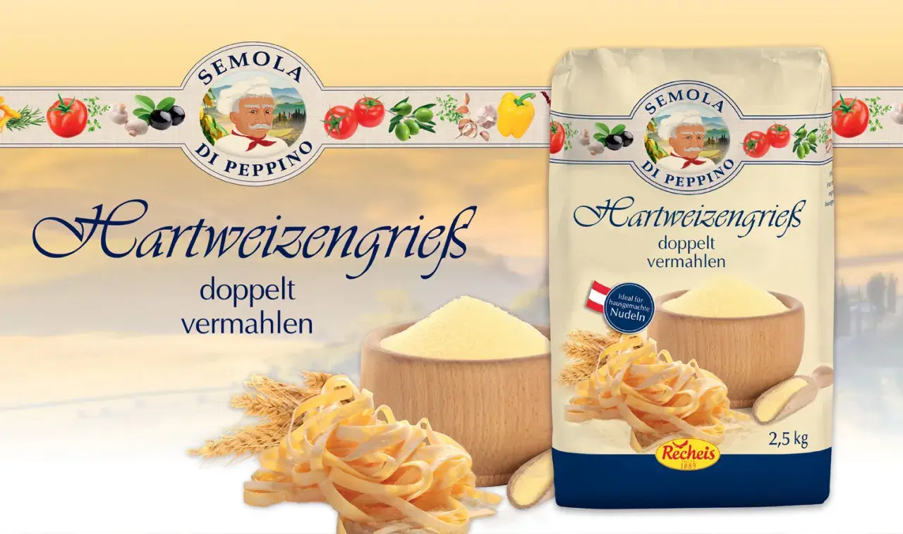 Hartweizengrieß von Semola di Peppino mit Nudeln und Getreideähren.