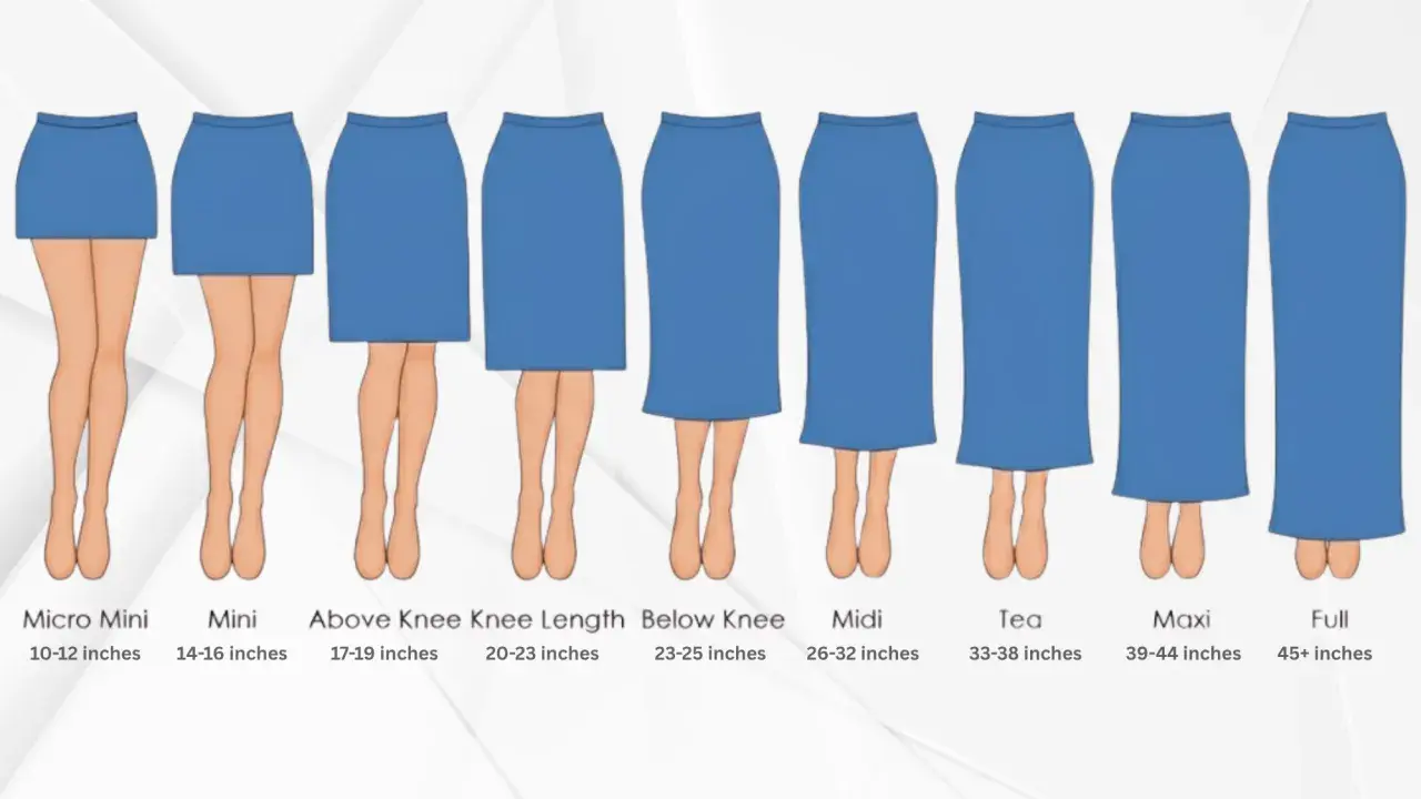 Illustration showing various skirt hem types, from micro mini to full length, with corresponding measurements.