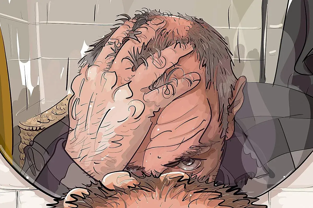 Ilustracja mężczyzny zakrywającego twarz dłońmi, z widocznym zmartwieniem na twarzy.