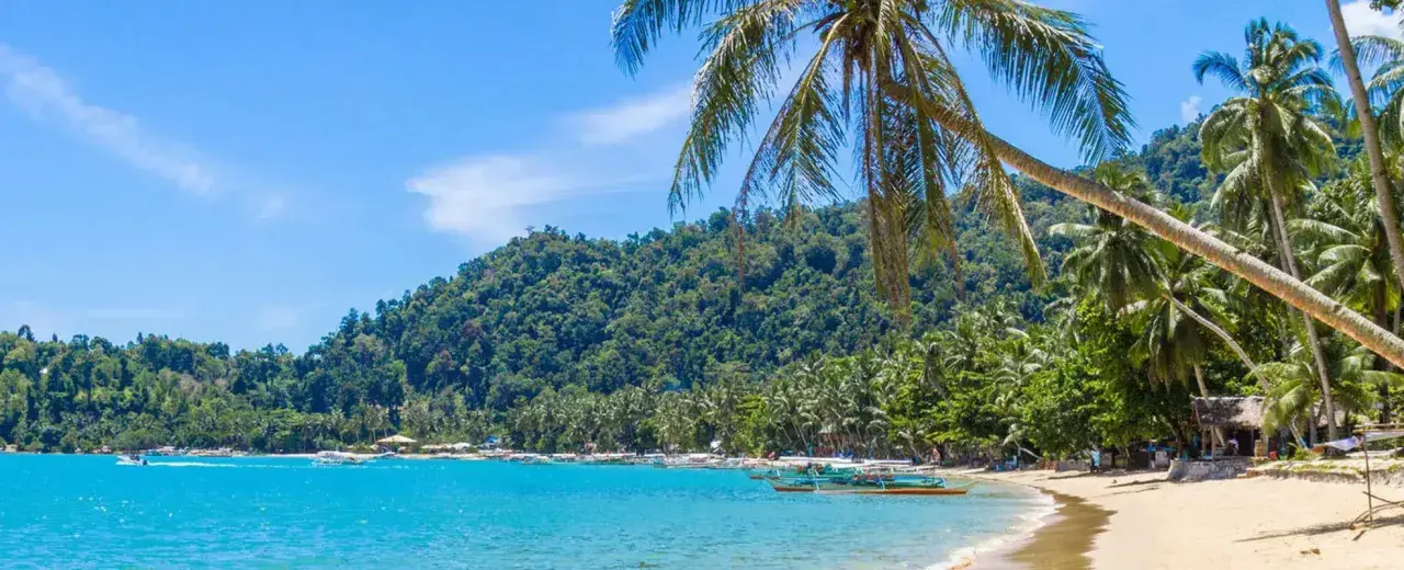 Paradiesische Bucht mit Palmen, türkisfarbenem Wasser und Booten – ideale **Backpacker Reiseziele** für Abenteuerlustige.