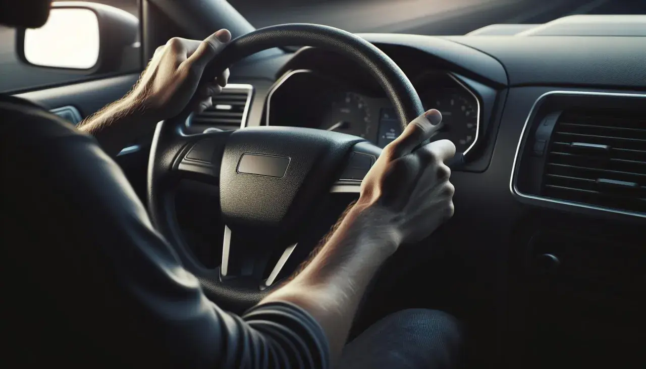 Mani sul volante, il conducente si chiede quanto tempo ho per fare la revisione prima di partire per il lungo viaggio.