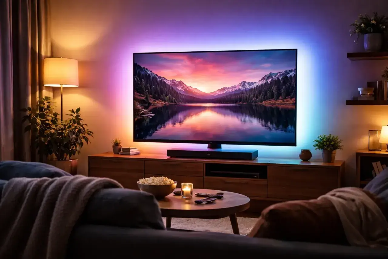 Relaks w salonie przy kinowym obrazie. Telewizor podświetlany z tyłu tworzy nastrojową atmosferę, a na stoliku czeka popcorn i świeca.