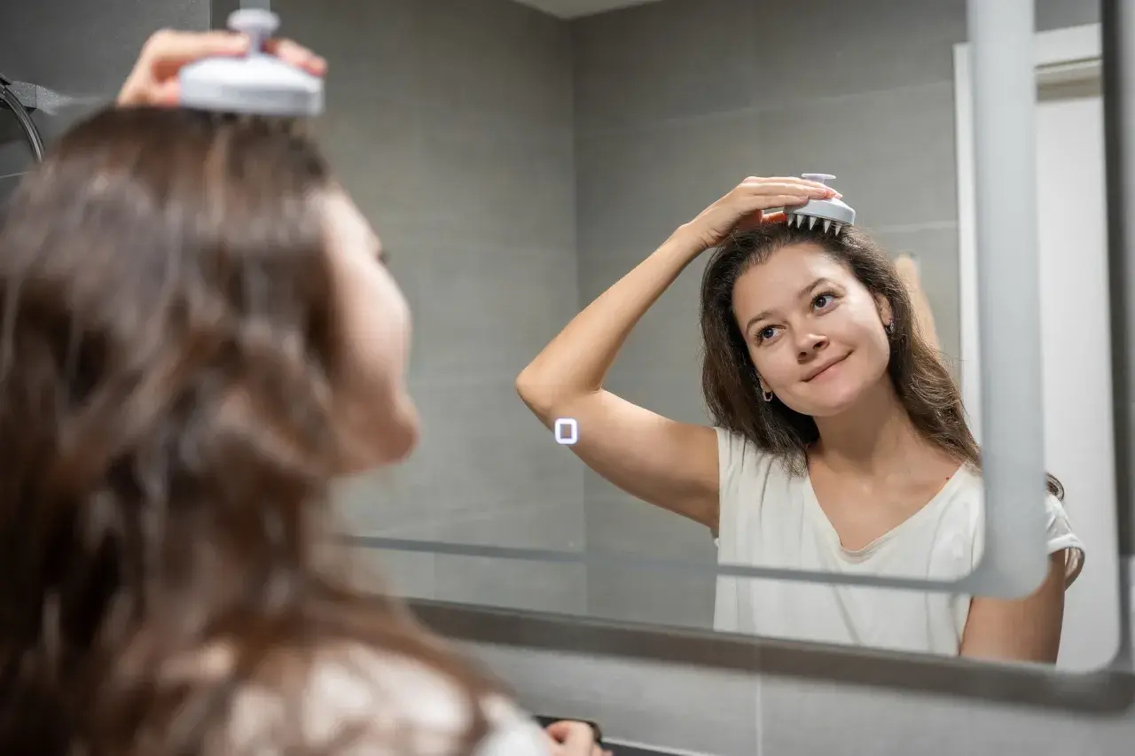 En kvinna njuter av en avkopplande scalp massage framför en spegel.