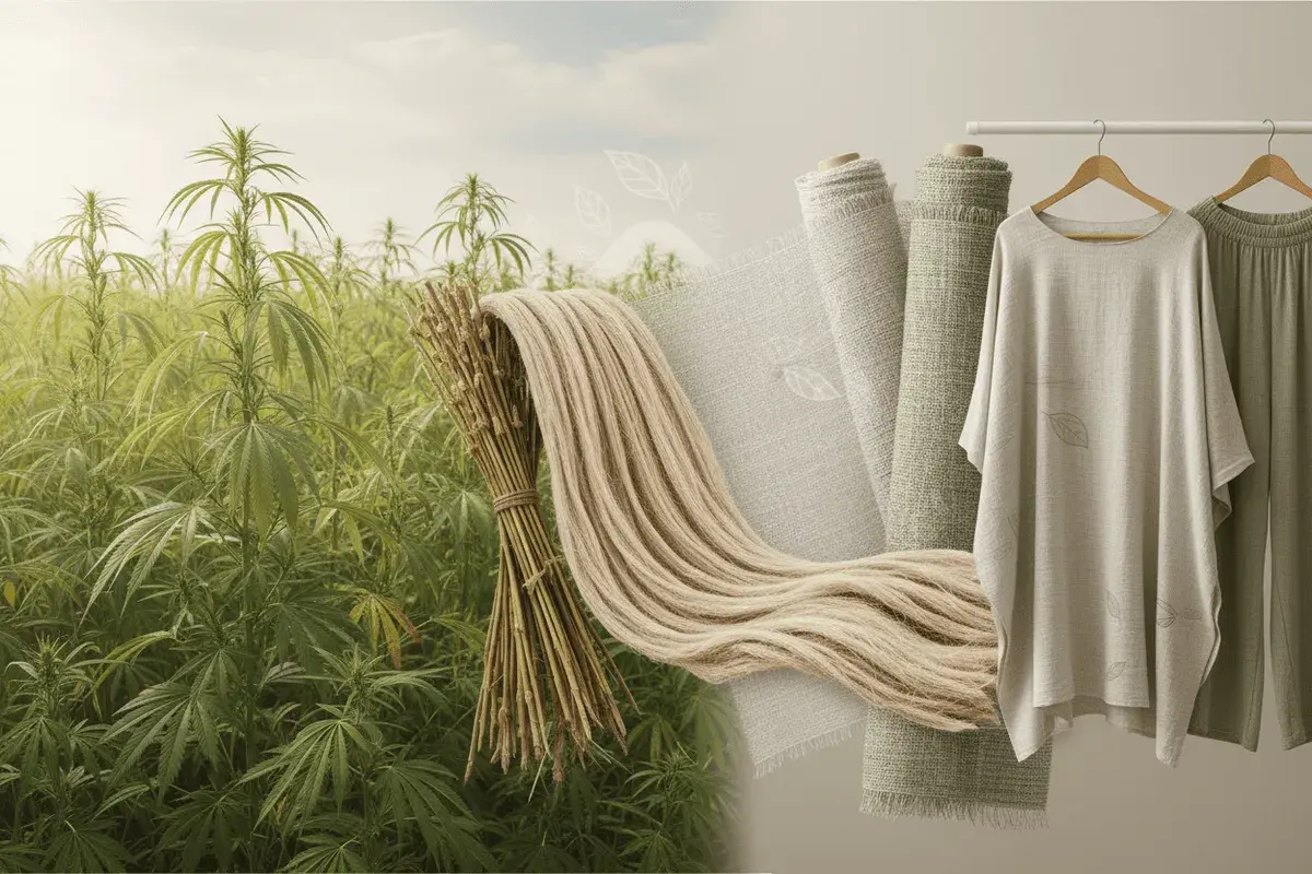 Champ de chanvre, bottes de paille, rouleaux de tissu et vêtements en fibre de chanvre, montrant le cycle de la matière première au produit fini.