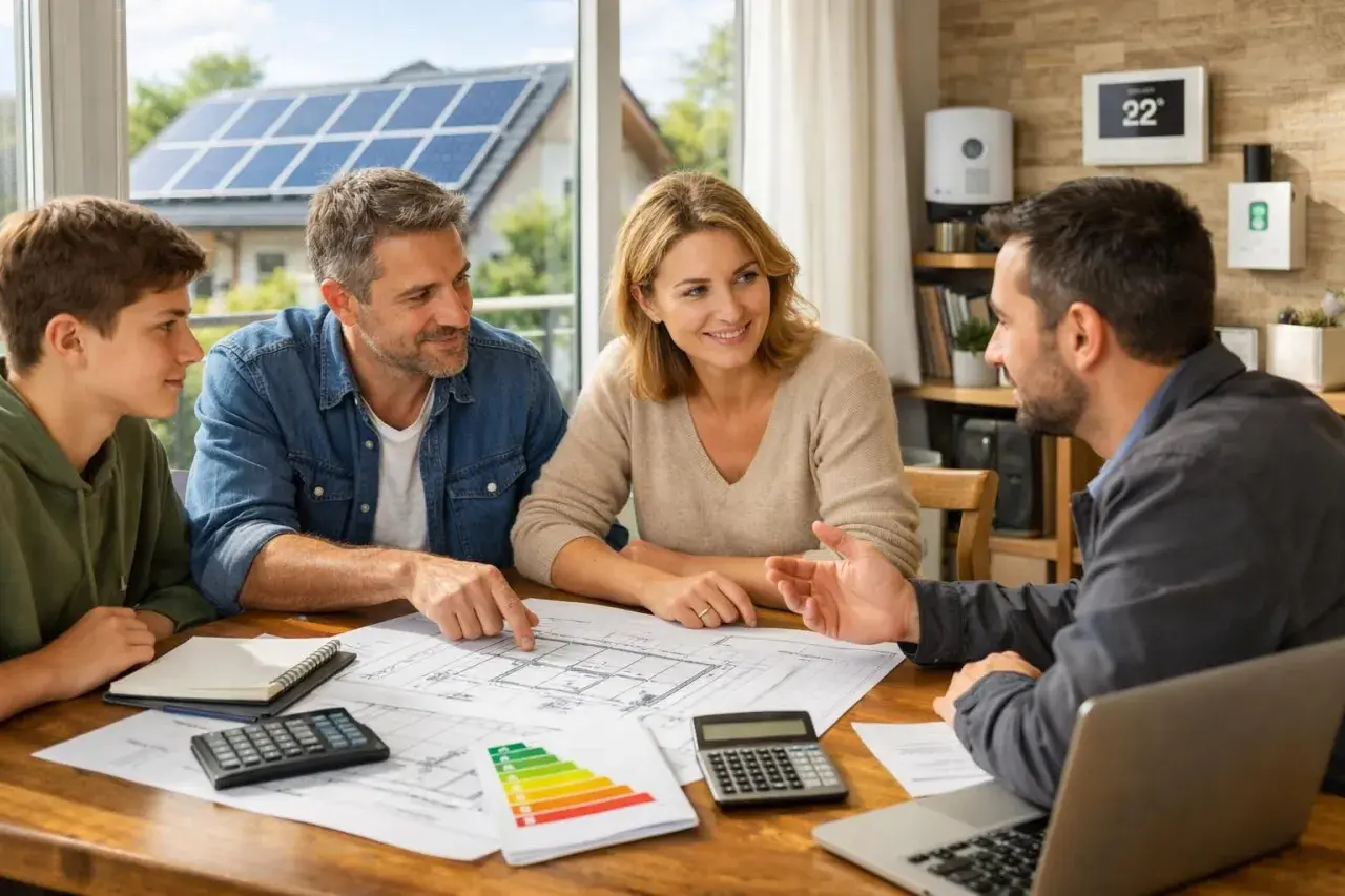Une famille discute d'un projet de rénovation avec un conseiller. Ils examinent des plans et des calculs, visant un **prêt vert** pour des travaux écologiques.