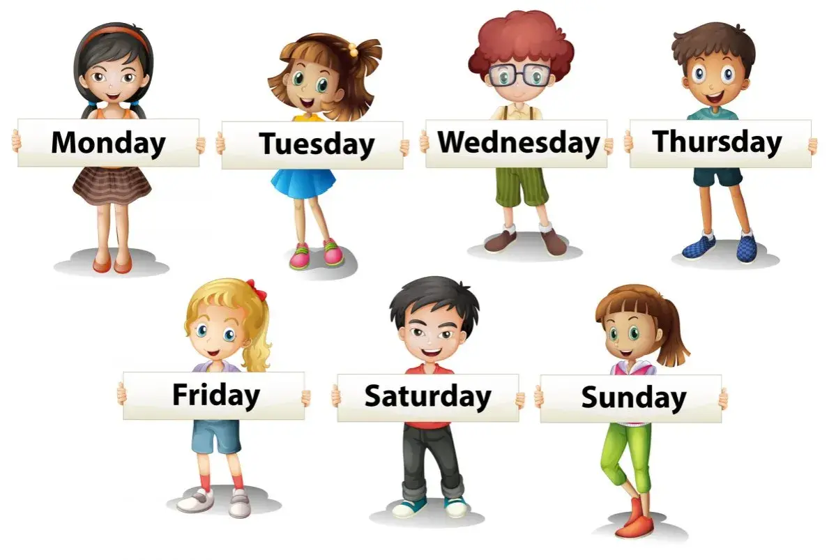 Bambini sorridenti mostrano cartelli con i giorni della settimana in inglese: Monday, Tuesday, Wednesday, Thursday, Friday, Saturday, Sunday.
