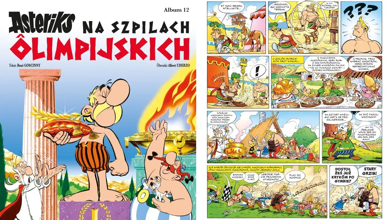 Asteriks i Obeliks na olimpiadzie. Obeliks z wieńcem laurowym, Asteriks z wieńcem laurowym.