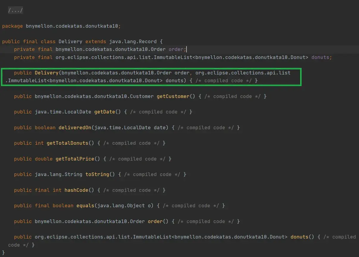 Code Java montrant une classe `Delivery` qui `extends java.lang.Record`, gérant une commande et une liste de donuts.