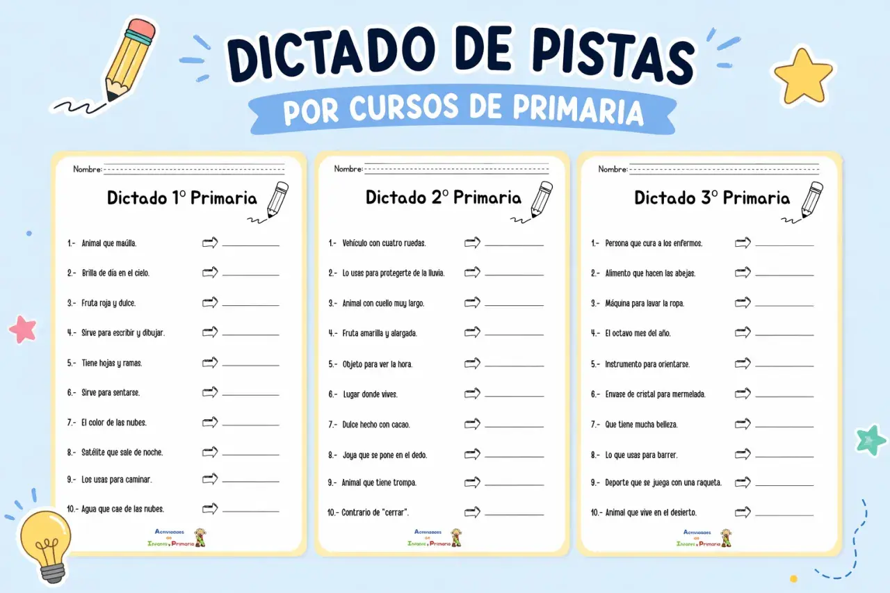 Hojas de dictado para 1º, 2º y 3º de primaria con ejercicios de vocabulario y escritura.
