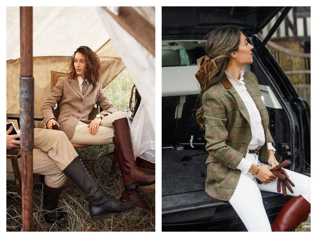 Deux femmes élégantes montrent comment porter des bottes cavalières avec des blazers en tweed et des pantalons clairs, un look chic et intemporel.