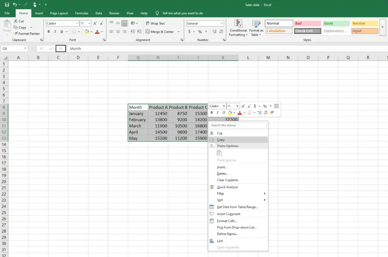Dati di vendita mensili con opzione "Copia" evidenziata, utile per la funzione consolida Excel.