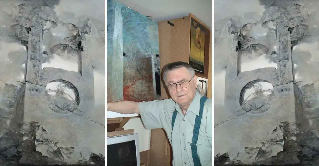 Mistrz Beksiński w swoim atelier, otoczony surrealistycznymi dziełami. W tle plakat zapowiadający wystawę.