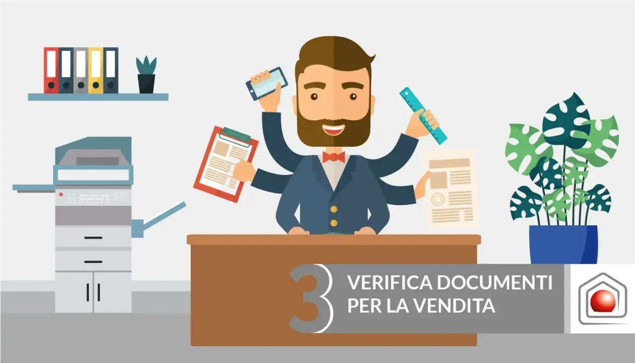 Uomo multitasche con documenti e smartphone, pronto per il fondo servente. Verifica documenti per la vendita.