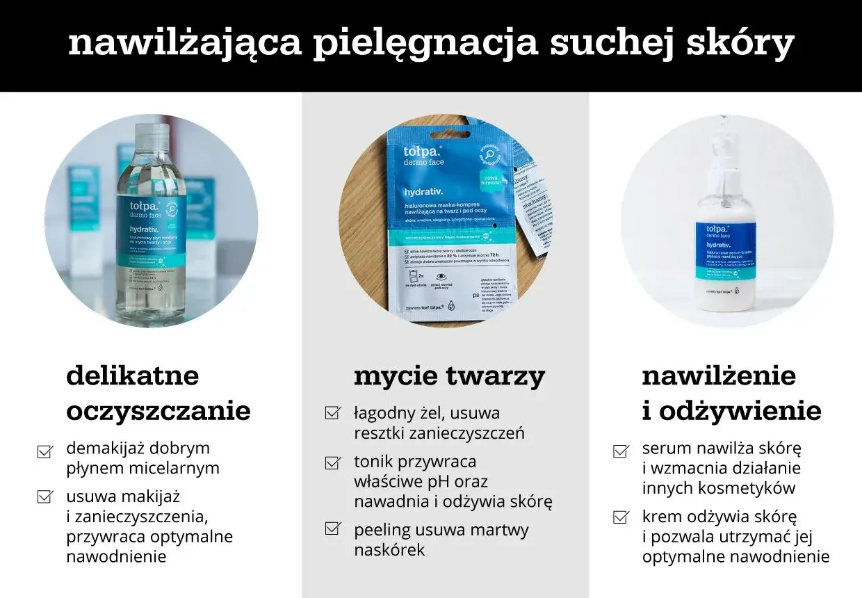 Pielęgnacja suchej skóry: płyn micelarny, maska nawilżająca i serum. Pomaga zwalczyć suchą skórę na twarzy.