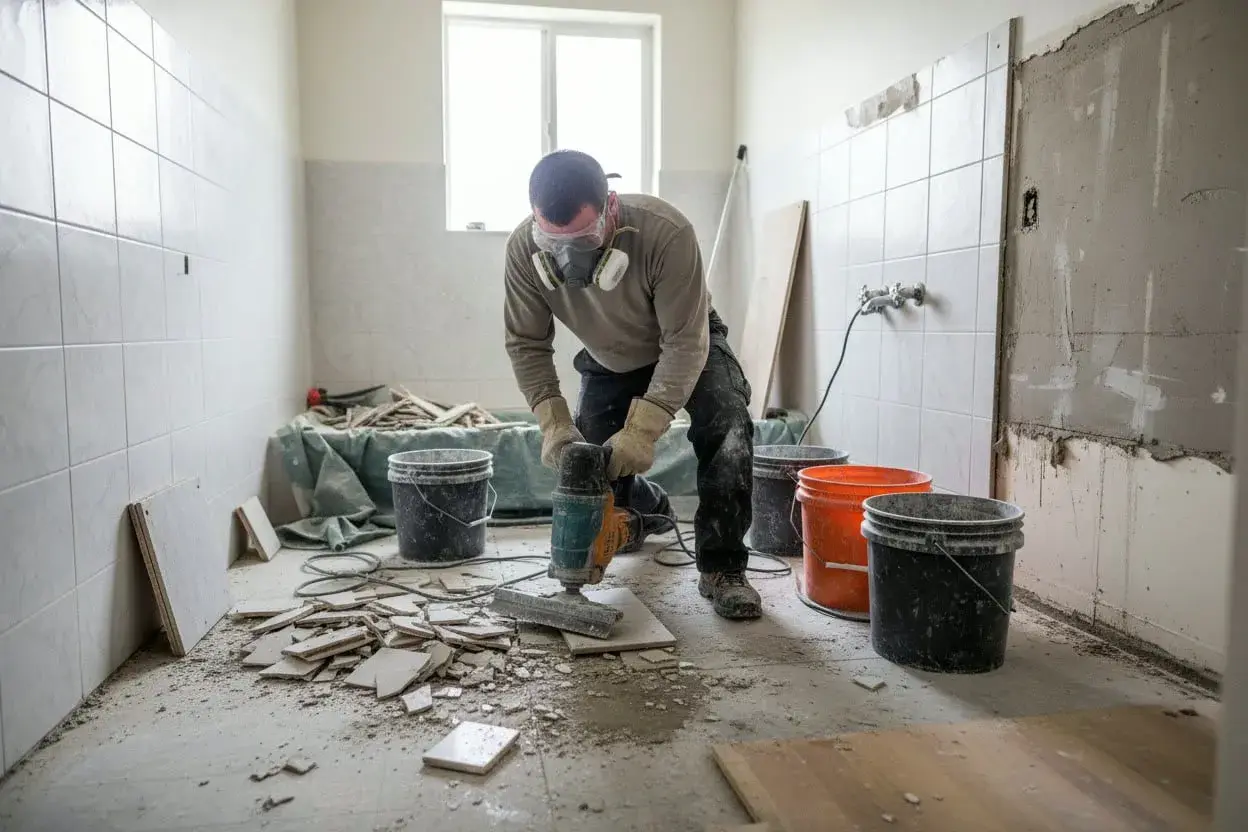 Operaio con maschera e occhiali demolisce piastrelle pavimento. Il cantiere è in corso, con secchi e detriti. Valutazione costo demolizione pavimento.