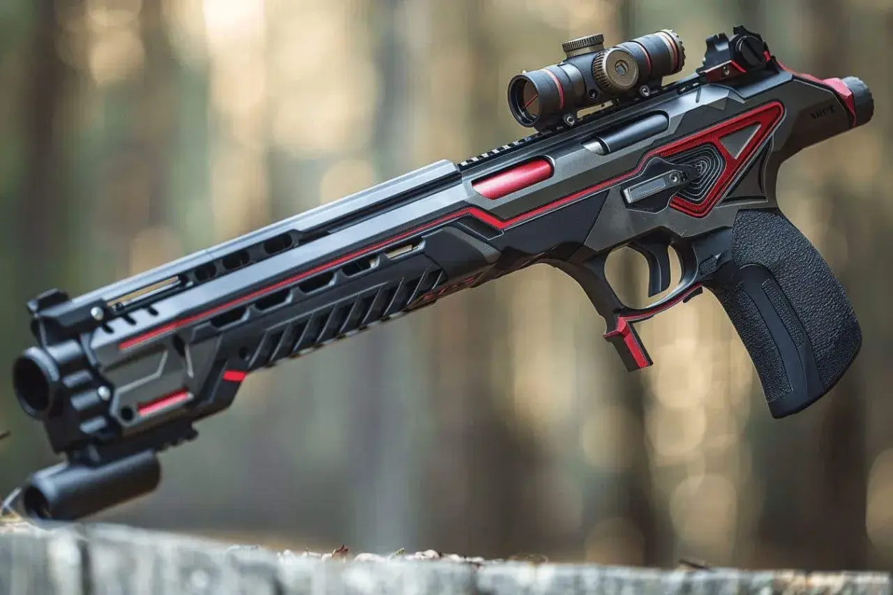 Fusil semi-automatique de marque turque, au design futuriste avec des accents rouges et une lunette de visée.