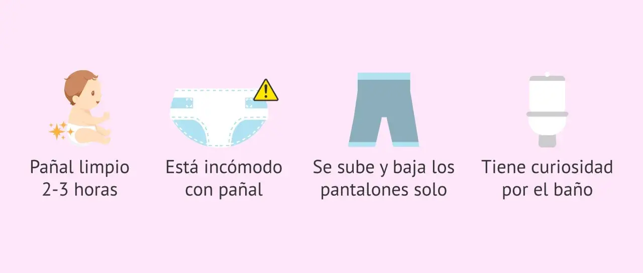 Bebé con pañal limpio, incómodo, bajándose pantalones y curioso por el baño. Señales para quitar el pañal.