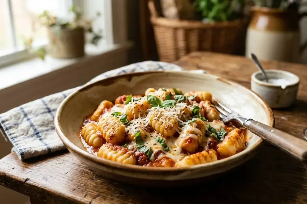Deliciosos ñoquis caseros con salsa de tomate, queso derretido y albahaca fresca. Una receta perfecta para disfrutar.